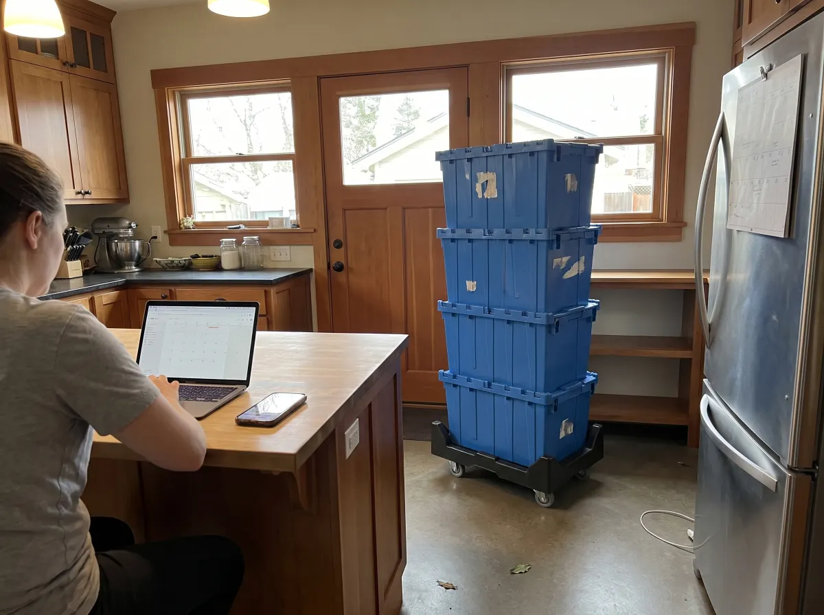 Booking totes on a laptop at the kitchen island, with a stack of blue totes on a dolly by the door