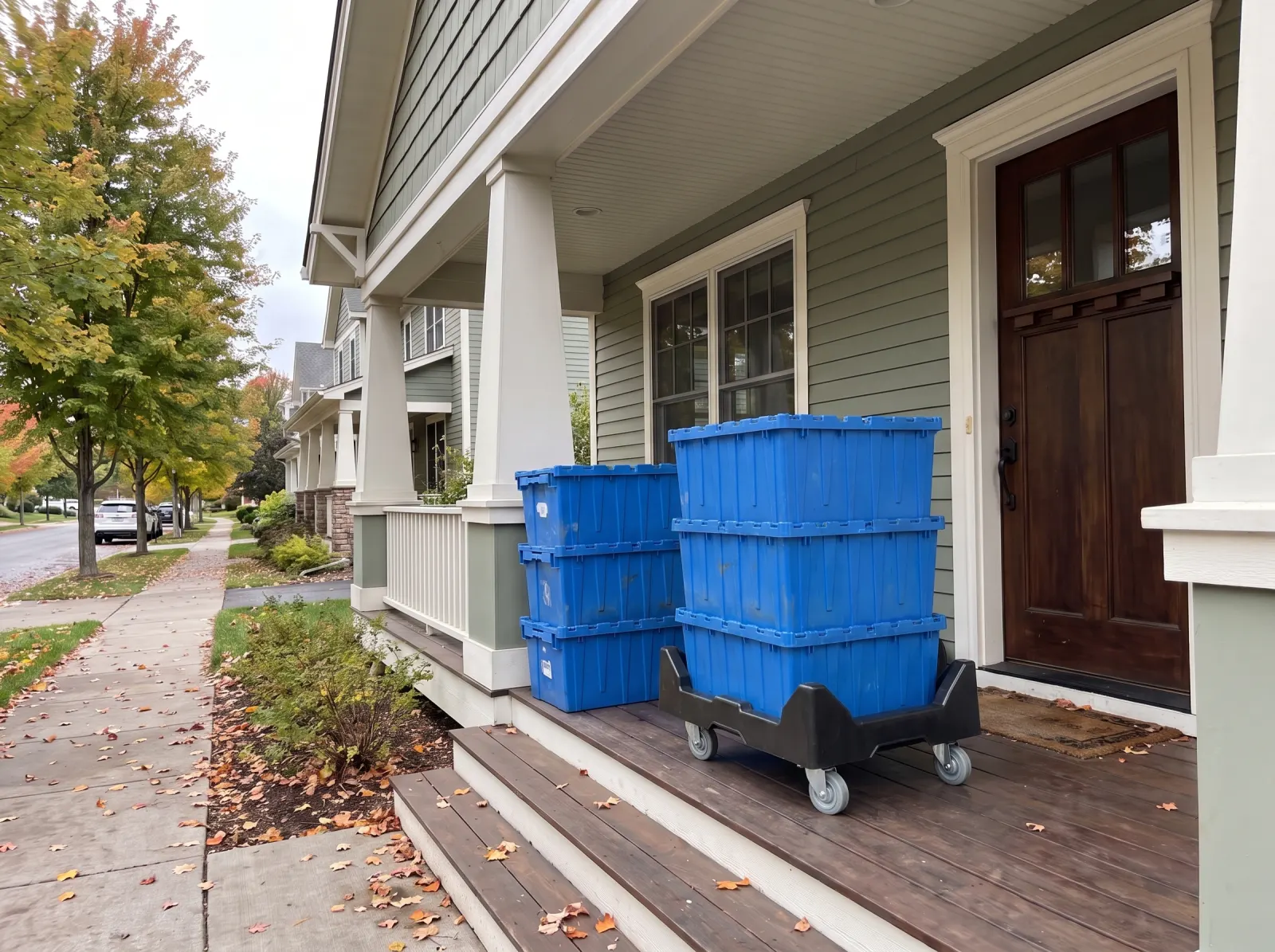 Blue moving totes on a Stillwater front porch