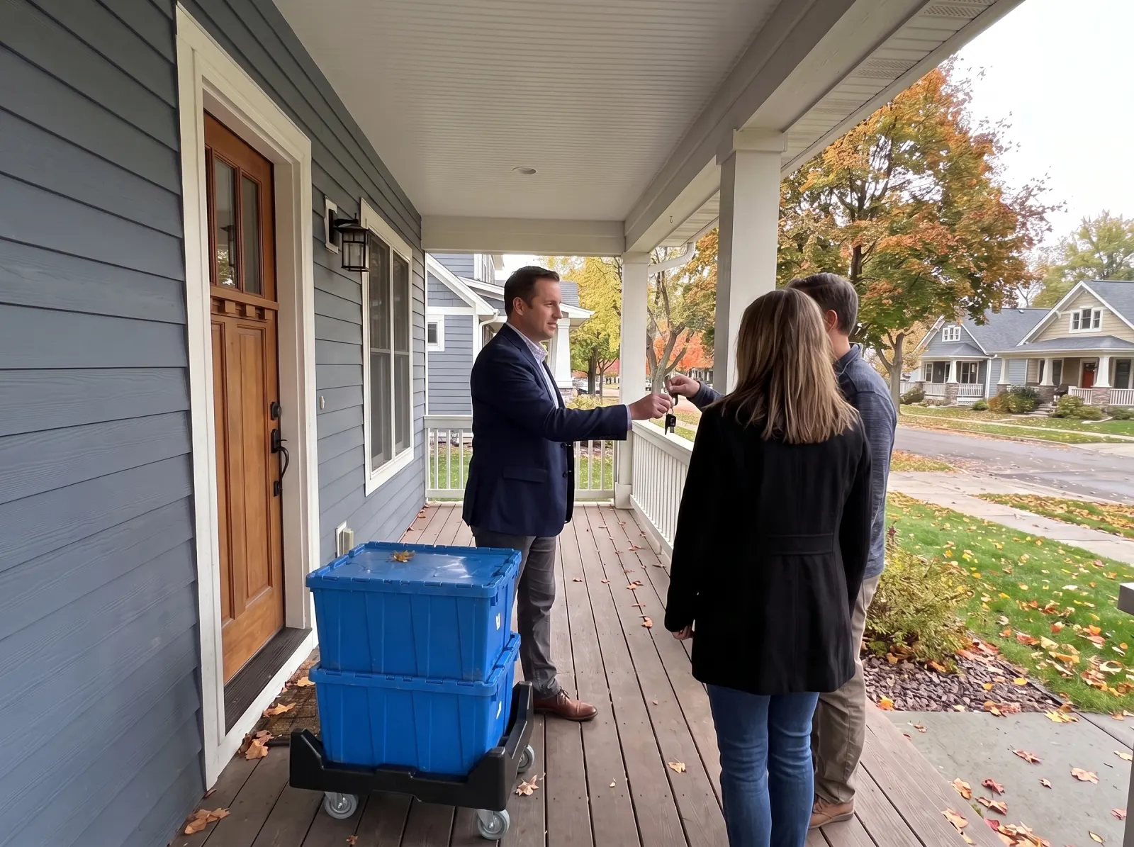 A real estate agent handing keys to new homeowners on a porch, with blue moving totes on a dolly by the door